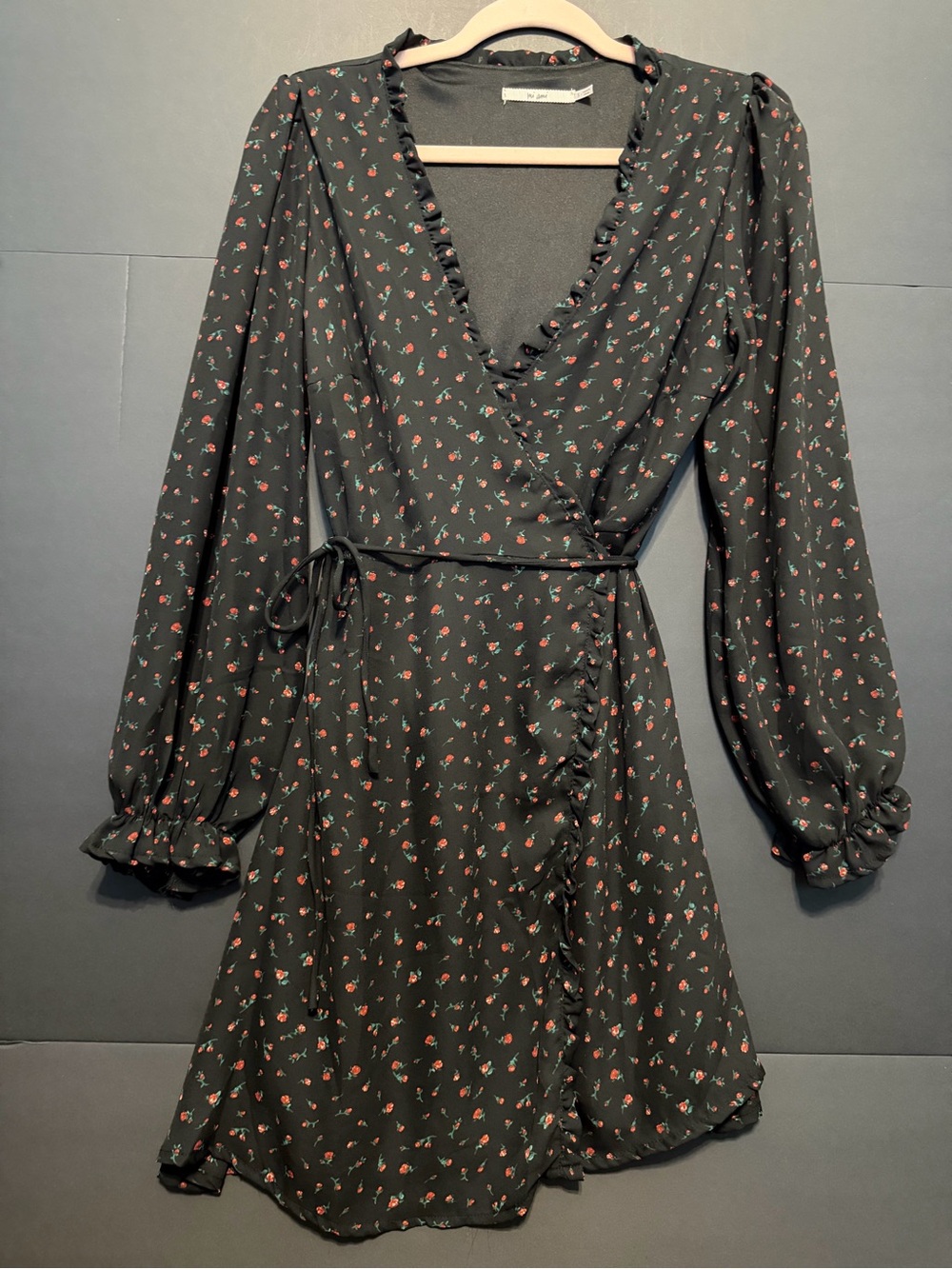 miami Black Floral Tie-Waist Long-Sleeve Wrap Dress